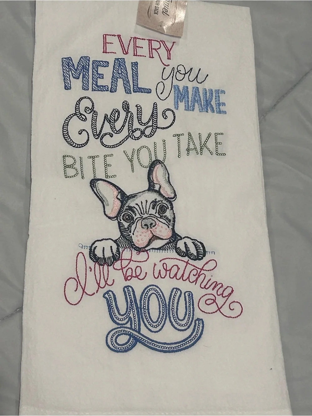2 Embroidered Kitchen Towels - White with Multicolor Design NEW WITH TAGS